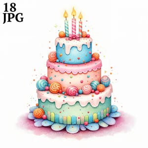 18 Clipart de gâteau d'anniversaire fantaisiste haute qualité JPGs aquarelle Clipart, joyeux anniversaire, création de cartes de visite, sublimation, téléchargement numérique