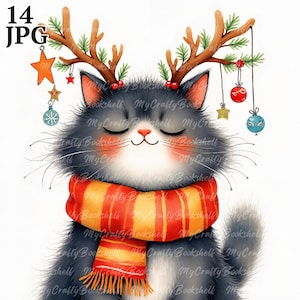 14 grillige kerst kat clipart, eigenzinnige kitten, digitale clipart, aquarel clipart jpg&#39;s, afdrukbare clipart, digitale download, ambachten