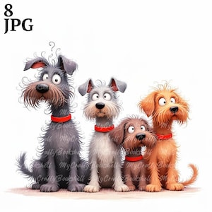 8 fotos de cães clip art aquarela clipart JPGs, diário de lixo, scrapbook, criação de cartões, kit de download digital, desenho animado engraçado filhote de cachorro irritado