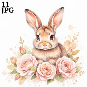 11 Fluffy Bunny in Roses Clipart, Floral Bunny, Printable Watercolor clipart, High Quality JPGs, Digital download, Paper craft, junk journal