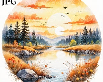 12 Sunset over Lake Clipart, Lake Sunset clipart, Printable Watercolor clipart, High Quality JPG/JPGs, Digital download, Paper craft