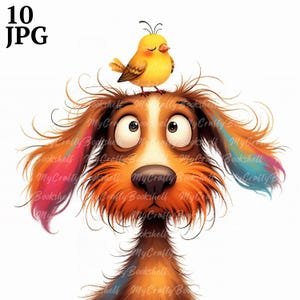 10 Messy Hair Dog with Bird Clip Art Watercolor Clipart JPG, Junk Journaling, Scrapbooking, Card Making, Digital Download Kit Frazzled Puppy