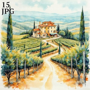 15 Tuscany Italy Landscape Clipart, Printable Watercolor clipart, High Quality JPG/JPGs, Digital download, High Resolution, Paper craft