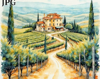 Toscaanse landschap aquarel clipart: Italië wijngaard scène (digitale download)
