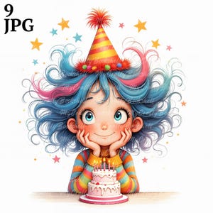 9 Quirky Birthday Cake Clip Art High Res Watercolor Clipart JPGs for Junk Journaling, Scrapbooking, Card Making, Digital Download Kit