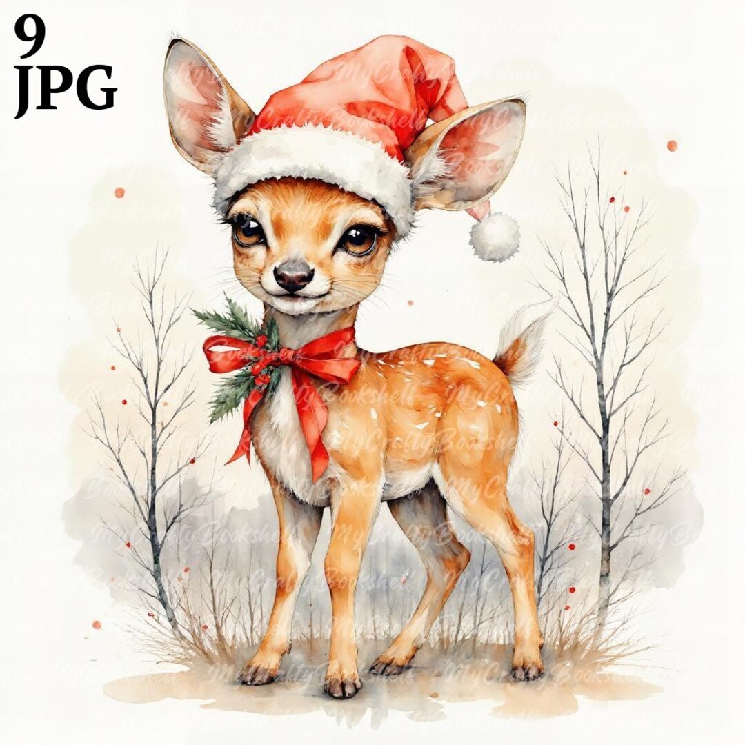 Watercolor Deer Clipart: Santa Hat Reindeer Pngs (digital Download) - Etsy