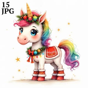 Christmas Unicorn Watercolor Clipart: Whimsical PNG Images (Digital Download)