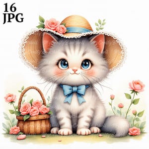 16 Cute Cat, Shabby Chic Kitten with Bubbles Clip Art Watercolor JPGs for Junk Journaling, Scrapbooking, Card Making, Digital Download Kit