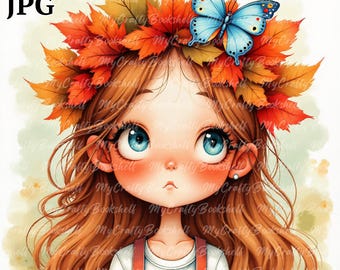 Herbst Mädchen Clipart: Aquarell Herbst Blätter PNG (kommerzielle Nutzung)