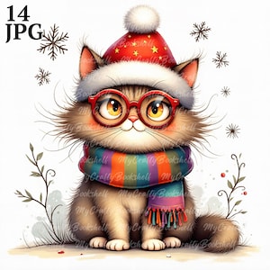 Santa Cat Watercolor Clipart: Christmas PNGs for Junk Journals (Digital Download)