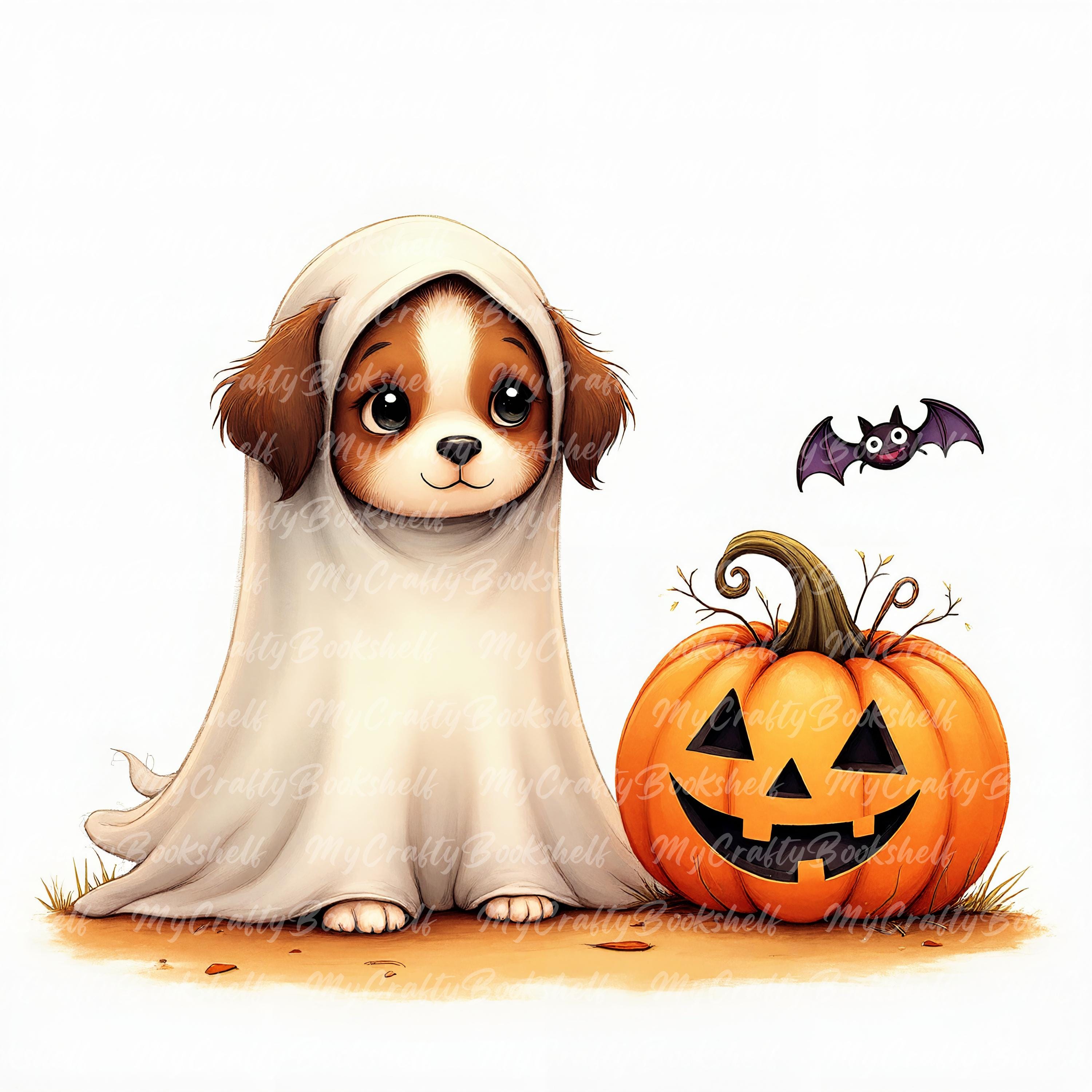 Ghost Dog Halloween Clipart: Watercolor Puppy PNG Bundle (digital ...