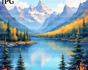 Paisaje de montaña en acuarela: PNG (descarga digital)