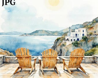 Greece Seaside Watercolor Clipart: Coastal Landscape PNGs (Digital Download)