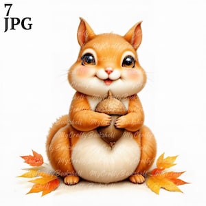 7 mignons cliparts écureuil heureux, bébé écureuil, clipart aquarelle imprimable, fichiers JPG de haute qualité, téléchargement numérique, créations en papier, sublimation
