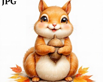 7 Cute Happy Squirrel Clipart, Baby Squirrel, Printable Watercolor clipart, High Quality JPGs, Digital download, Paper craft, sublimation