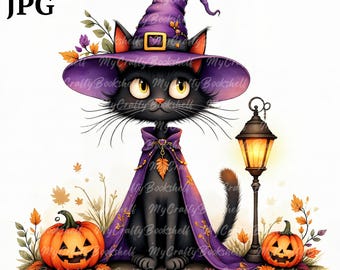 Watercolor Halloween Black Cat Clipart Bundle (PNG)