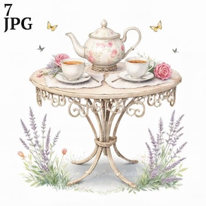 7 Tavolo da giardino inglese, Clipart Tea Party, Clipart acquerello stampabile, JPG di alta qualità, Download digitale, Carta artigianale, diario spazzatura