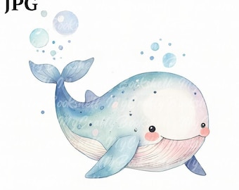 Clipart de Baleia em Aquarela: 10 Ilustrações PNG (Download Digital)