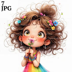 7 Quirky Girl with Flower Clip Art High Res Watercolor JPG Junk Journaling, Scrapbooking, Card Making, Digital Download, Fantasy, Whimsical