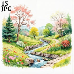 13 Spring Landscape Clipart, Spring Clipart, Printable Watercolor clipart, High Quality JPGs, Digital download, Paper craft, junk journals