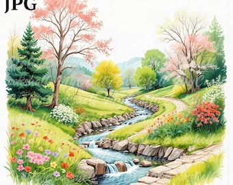 13 Frühling Landschaft Clipart, Frühling Clipart, druckbare Aquarell Clipart, hochwertige JPGs, digitaler Download, Papiermodell, Junk Journals
