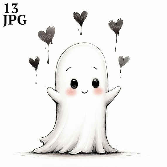 13 Cute Ghosts, Black and White Clipart, Valentine's Day, High