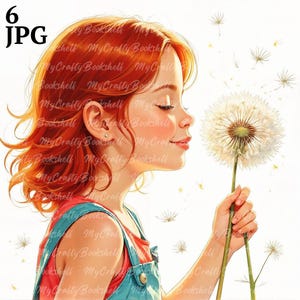 Girl with Dandelion Clipart: Watercolor PNGs (Digital Download)