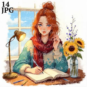 14 Woman Writing Clipart, Writer Clipart, Printable Watercolor clipart, High Quality JPGs, Digital download, Paper craft, junk journal