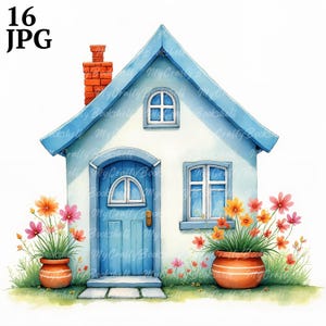 16 bundle di clip art di case a schiera stravaganti, clipart ad alta risoluzione di acquerelli JPG per il diario di scarto, scrapbooking, creazione di biglietti, kit di download digitale