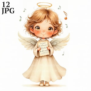 12 piccoli angeli che cantano canti natalizi Clipart Bundle, JPG acquerelli ad alta risoluzione - Journaling, Scrapbook, Download digitale, Angelo di Natale
