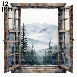 12 Window Forest View Clipart, Window to Forest Clipart, Printable Watercolor clipart, High Quality JPG/JPGs, Digital download, Paper craft