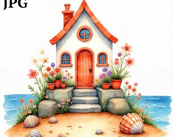 Clipart di cottage con vista sul mare: immagini PNG acquerellate e stravaganti (download digitale)