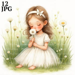 12 Dandelion Girl Clipart, Uso commerciale, Ragazza carina vestita, Clip art acquerello JPG, Download immediato, Fantasy Junk Journal, Carta artigianale