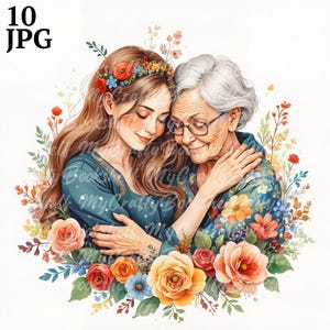 Mother and Daughter Watercolor Clipart: Floral PNGs (Digital Download)