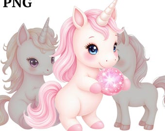 12 Pink Unicorn Clipart, Cute Unicorn Clip Art, Nursery PNG, Scrapbook, Junk Journaling, Crafts, Commercial Use, Digital Download