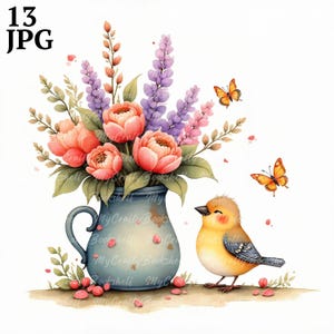 13 Clipart floral aquarelle - Aquarelles oiseaux avec fleurs, Téléchargement numérique, Fleur oiseau mignon, Créations en papier, Journal indésirable, Art mural