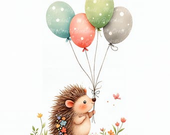 ハリネズミの風船クリップアート：子供向け絵本のイラスト（デジタル