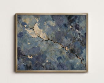 Indigo abstracte tak print in vintagestijl: humeurige wintermuurkunst, donkerblauw afdrukbaar landschap, woondecoratie academia