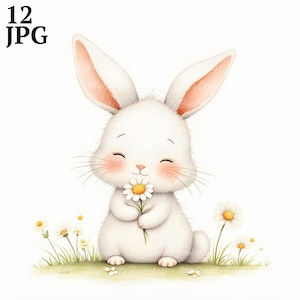 12 Aquarell Cute Baby Bunny Clipart Aquarell Kaninchen Junk Journal Digitaler Planer Kinderzimmer Dekor Aquarell Clipart Daisy Bunny