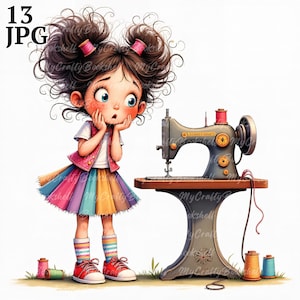 13 imágenes prediseñadas de chicas costureras extravagantes, imágenes prediseñadas de acuarela en formato JPG, diario basura, álbum de recortes, creación de tarjetas, descarga digital, fantasía, chica caprichosa