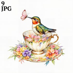 9 Clipart Tea Party, Clipart Colibri Tazza da Tè, Clipart Acquerello Stampabile, JPG di Alta Qualità, Download Digitale, Carta Artigianale, Diario di Scarto