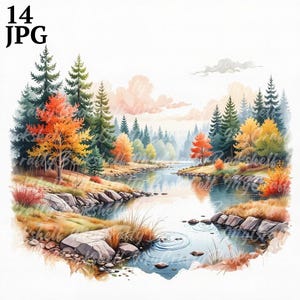 14 Lake Landscape Clipart, Lake Sunrise, Printable Watercolor clipart, High Quality JPG/JPGs, Digital download, High Resolution, Paper craft