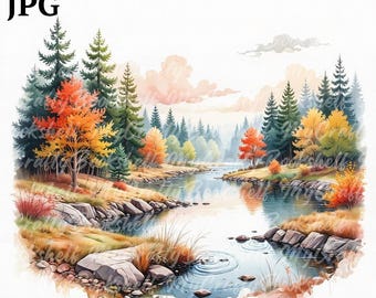 Imágenes prediseñadas de paisaje de lago en acuarela: Amaneceres PNG (Descarga digital)