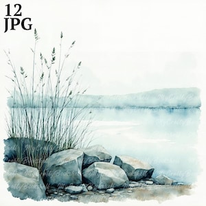 12 cliparts bord du lac bleu sarcelle, côte du lac, clipart aquarelle imprimable, JPG/JPG de haute qualité, téléchargement numérique, haute résolution, créations en papier