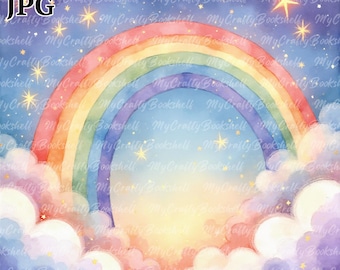 Starry Sky Clipart: Watercolor Rainbow PNGs (Commercial Use)