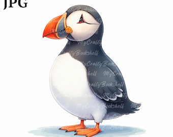 12 imágenes prediseñadas de frailecillos adorables en acuarela / Paquete de imágenes de frailecillos adorables / Diseños de alta calidad / Arte de vida silvestre / Imprimibles / Uso comercial