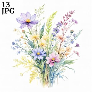 Ramo de 13 flores silvestres, clipart de acuarela imprimible, JPG de alta calidad, descarga digital, manualidades de papel, diario basura