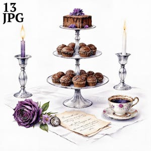 13 Victorian Gothic Clipart, Tea Party Clipart, Printable Watercolor clipart, High Quality JPGs, Digital download, Paper craft, junk journal