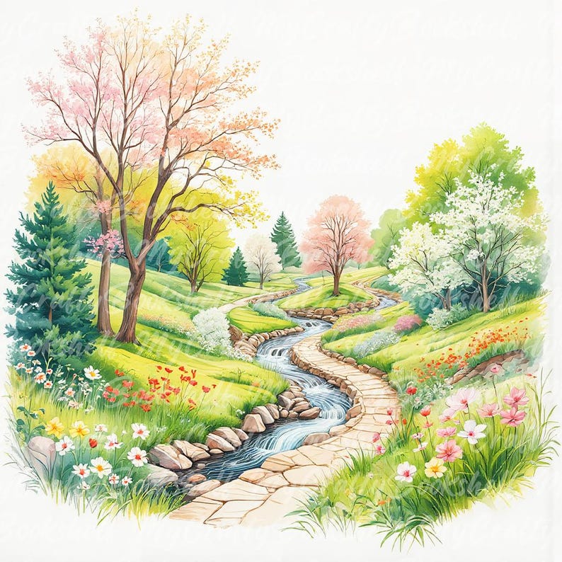 13 Spring Landscape Clipart, Spring Clipart, Printable Watercolor ...