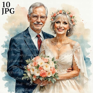 10 Senior Wedding Clipart, Old Couple Wedding, Printable Watercolor clipart, High Quality JPGs, Digital download, Paper craft, junk journal